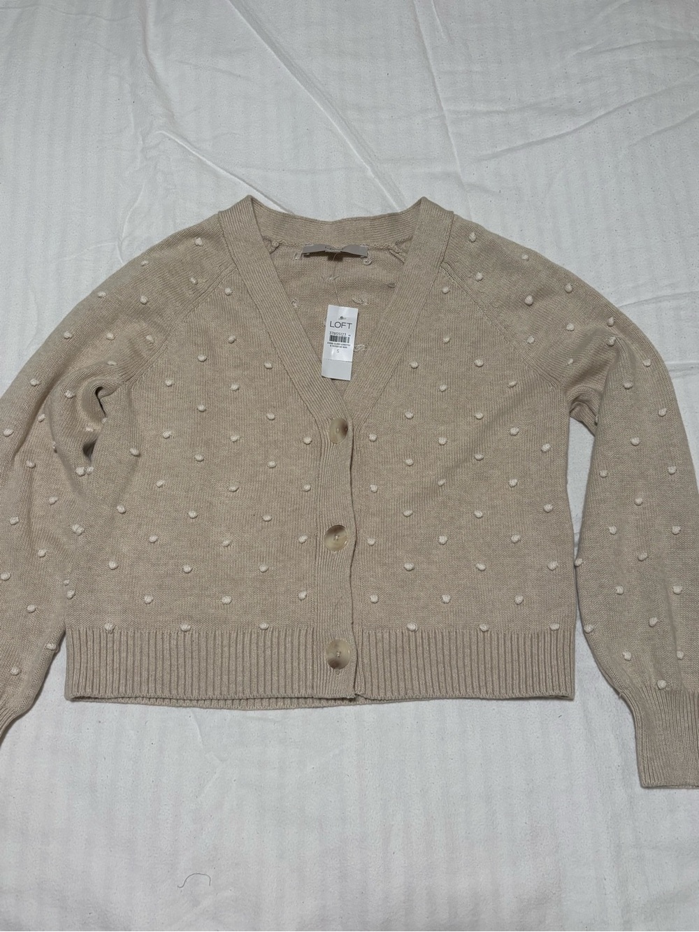 LOFT Cream Textured Pom-Pom V-Neck Cardigan